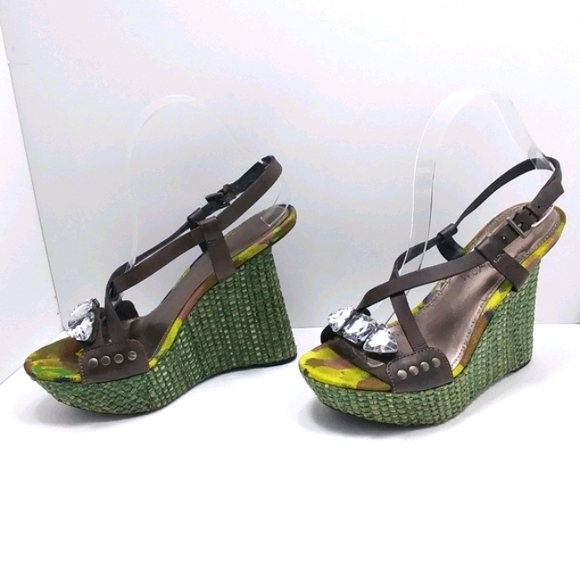SAM EDELMAN Abstract Fabric & Woven Straw Recessed Platform Wedge Bling … - Picture 3 of 15